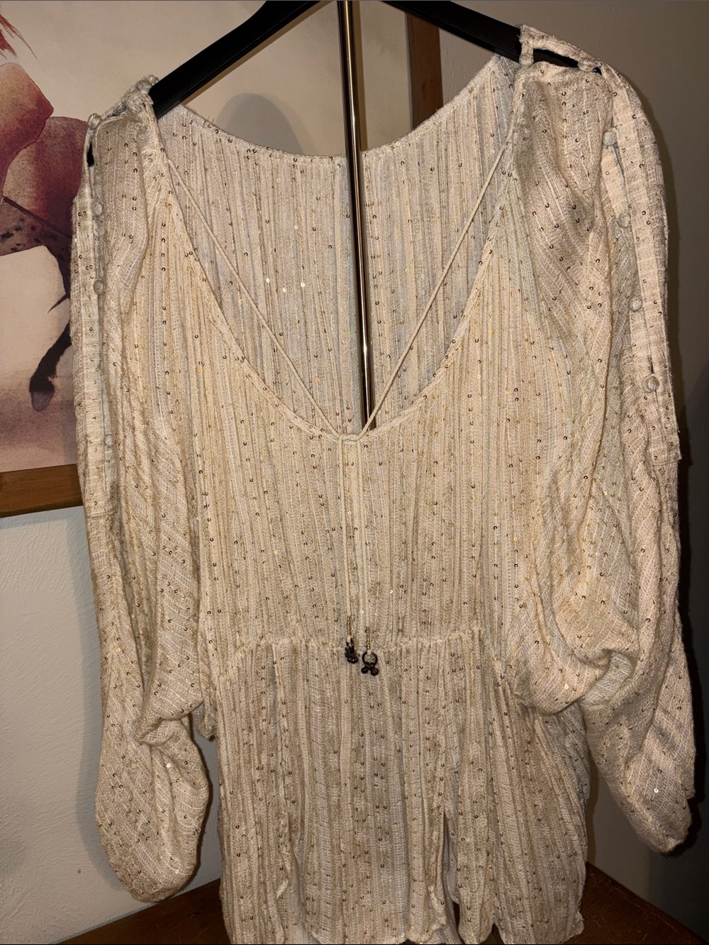 Women's Cream Sequin Knit Peasant Dress